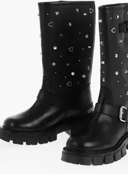 Moschino Love Leather Tassel50 Boots With Studs Heel 5Cm Black