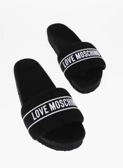 Moschino Love Solid Color Fabric Slides With Embroidered Logo Black