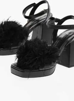 NODALETO Leathet Bulla Ankle Strap Sandals With Feather Embellishment Black