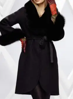 Palton negru din lana de alpaca cu blana naturala de vulpe