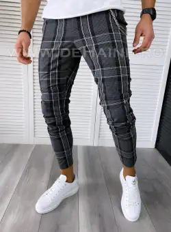 Pantaloni barbati casual regular fit gri inchis in carouri B1877 14-4 E