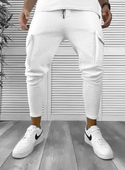 Pantaloni de trening albi conici 12372 K17-3