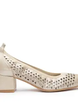 Pantofi casual perforaţi cu toc damă din piele naturală, Leofex - 248 Taupe Metalizat