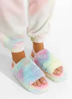 Papuci de casa pufosi multicolori Quenta