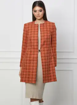 Pardesiu Elena caramiziu cu carouri si inchidere metalica in talie