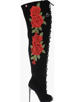 Philipp Plein 12Cm Leather Roses Show Peep Toe Lace-Up Boots Black