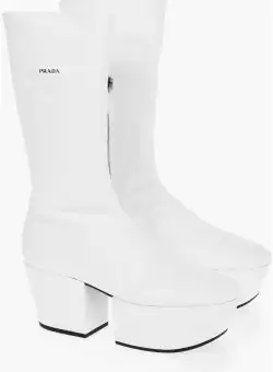 Prada Tech Faux Leather Ankle Boots With Statement Sole And Emboss White