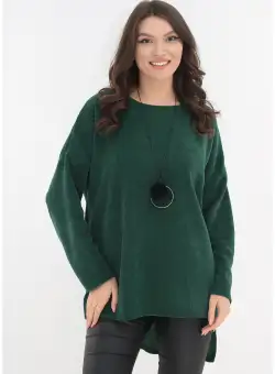 Pulover lung verde cu lantisor