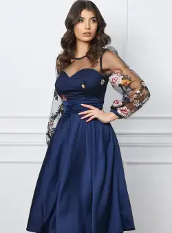 Rochie Dy Fashion bleumarin din satin cu dantela la bust
