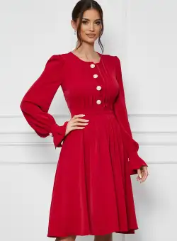 Rochie Dy Fashion rosu zmeura cu pliuri si nasturi decorativi pe bust