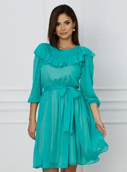 Rochie Dy Fashion turcoaz cu volanas la bust si cordon in talie