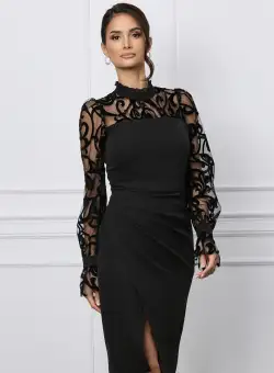 Rochie Ella Collection Adeia neagra cu insertii catifelate pe maneci