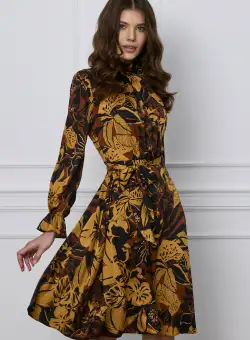 Rochie Iris maro din satin cu imprimeu galben mustar