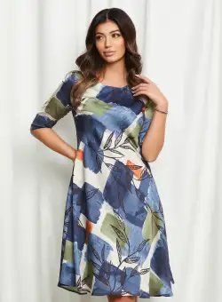 Rochie Lara bleumarin cu imprimeuri bej