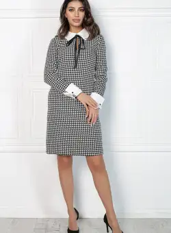 Rochie MBG cu imprimeu pepit alb-negru si buzunare