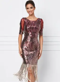 Rochie Moze bordo cu paiete si franjuri la baza