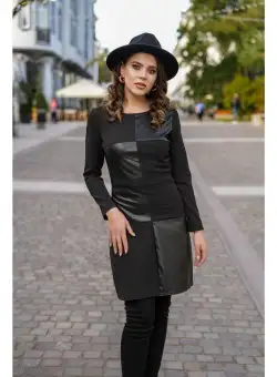 Rochie Moze neagra scurta cu insertii din piele ecologica