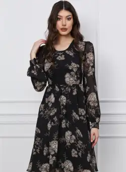Rochie Oana neagra cu imprimeuri florale bej