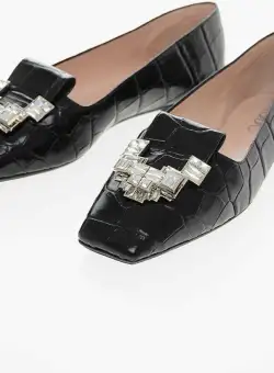RODO Crocodile Printed Leather Nikel Loafers With Jewel Buckle Black