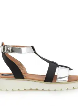 Sandale cu talpă joasă damă, din piele naturală, Leofex - 151 Negru Argintiu Box