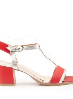 Sandale cu toc damă din piele naturală, Leofex - 227 Roşu Argintiu Box