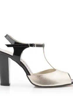 Sandale elegante damă cu toc din piele naturală - 25721 Auriu+Negru Box
