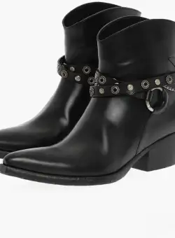 SARTORE Pointed Leather Boots With Studded Straps Black