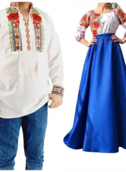 Set Cuplu 544 Camasa Traditionala si Rochie Stilizata cu motive traditionale