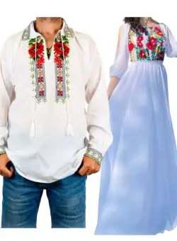 Set Cuplu 555 Camasa Traditionala si Rochie Stilizata cu motive traditionale