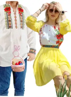 Set Cuplu 570 Camasa Traditionala si Rochie Stilizata cu motive traditionale