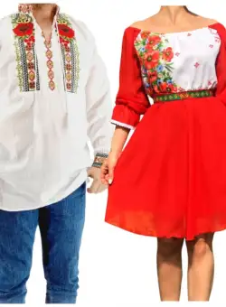 Set Cuplu 575 Camasa Traditionala si Rochie Stilizata cu motive traditionale