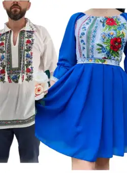 Set Cuplu 580 Camasa Traditionala si Rochie Stilizata cu motive traditionale