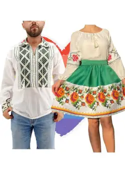 Set Cuplu Traditional 158 Camasa Traditionala si Rochie cu motive traditionale