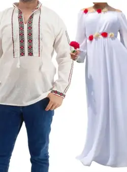 Set Cuplu Traditional 167 Camasa Traditionala si Rochie cu motive traditionale