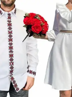 Set Cuplu Traditional 213 Camasa Traditionala si Rochie cu motive traditionale