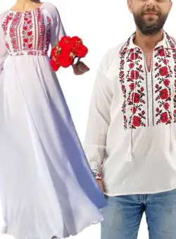 Set Cuplu Traditional 216 Camasa Traditionala si Rochie cu motive traditionale
