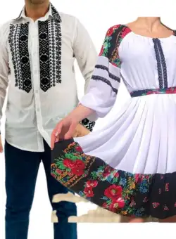 Set Cuplu Traditional 231 Camasa Traditionala si Rochie cu motive traditionale