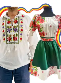 Set Cuplu Traditional 298 Camasa Traditionala si Rochie cu motive traditionale