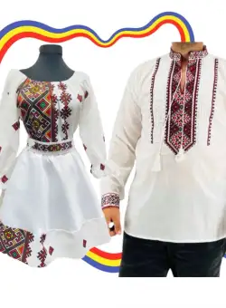 Set Cuplu Traditional 319 Camasa Traditionala si Rochie cu motive traditionale