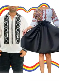 Set Cuplu Traditional 324 Camasa Traditionala si Rochie cu motive traditionale