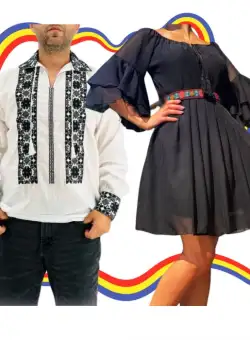 Set Cuplu Traditional 328 Camasa Traditionala si Rochie cu motive traditionale