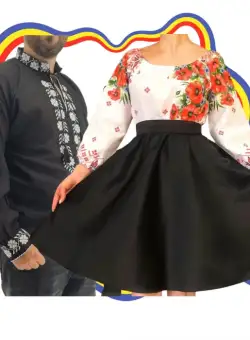 Set Cuplu Traditional 336 Camasa Traditionala si Rochie cu motive traditionale