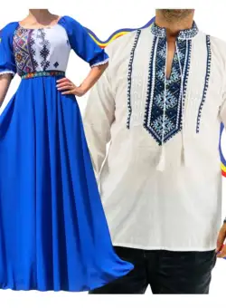 Set Cuplu Traditional 346 Camasa Traditionala si Rochie cu motive traditionale