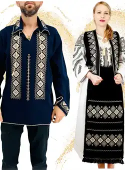Set Traditional Cuplu 583 Camasa traditionale cu broderie si Costum Dama complet