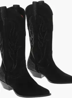 SONORA Suede Cowboy Mid Western Boots With Crystals Black
