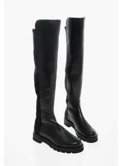 Stuart Weitzman Leather And Fabric Lift Under The Knee Boots Black