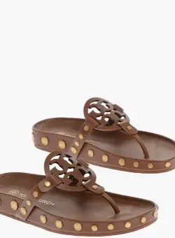 Tory Burch Coin Details Logoed Leather Thong Sandals Brown