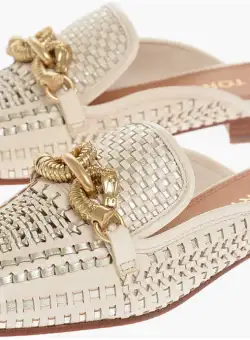 Tory Burch Woven Leather Mules With Metal Buckle Beige