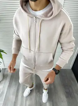 Trening barbati slim fit vatuit Pantaloni + Hanorac Bej 12399 P20-1.2