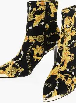 Versace Jeans Couture Baroque Printed Point Toe Scarlett Sock Boots Black